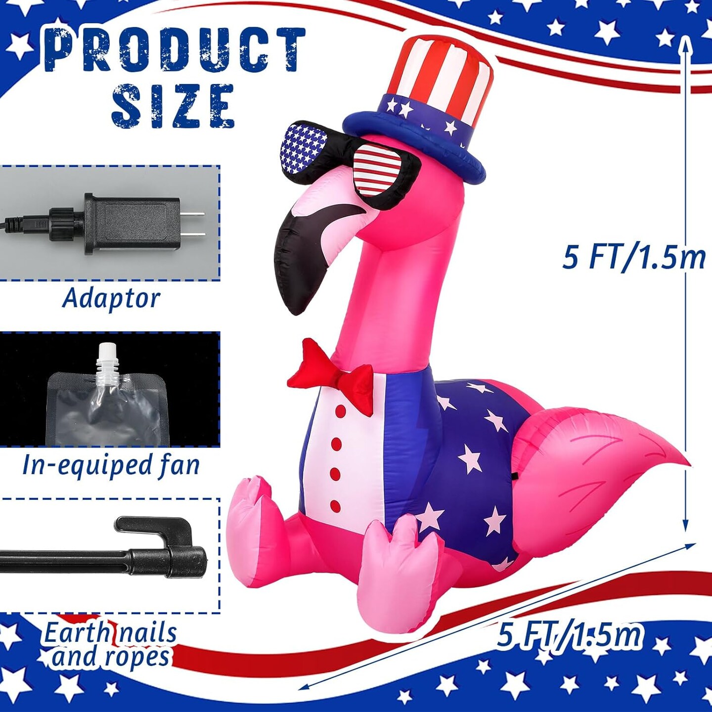 5 ft 4th of July Inflatables Outdoor Decorations Flamingo Patriotic Inflatables Independence Day Blow up with Built-in LEDs Lights for Yard Garden Lawn Memorial Holiday Party Decor