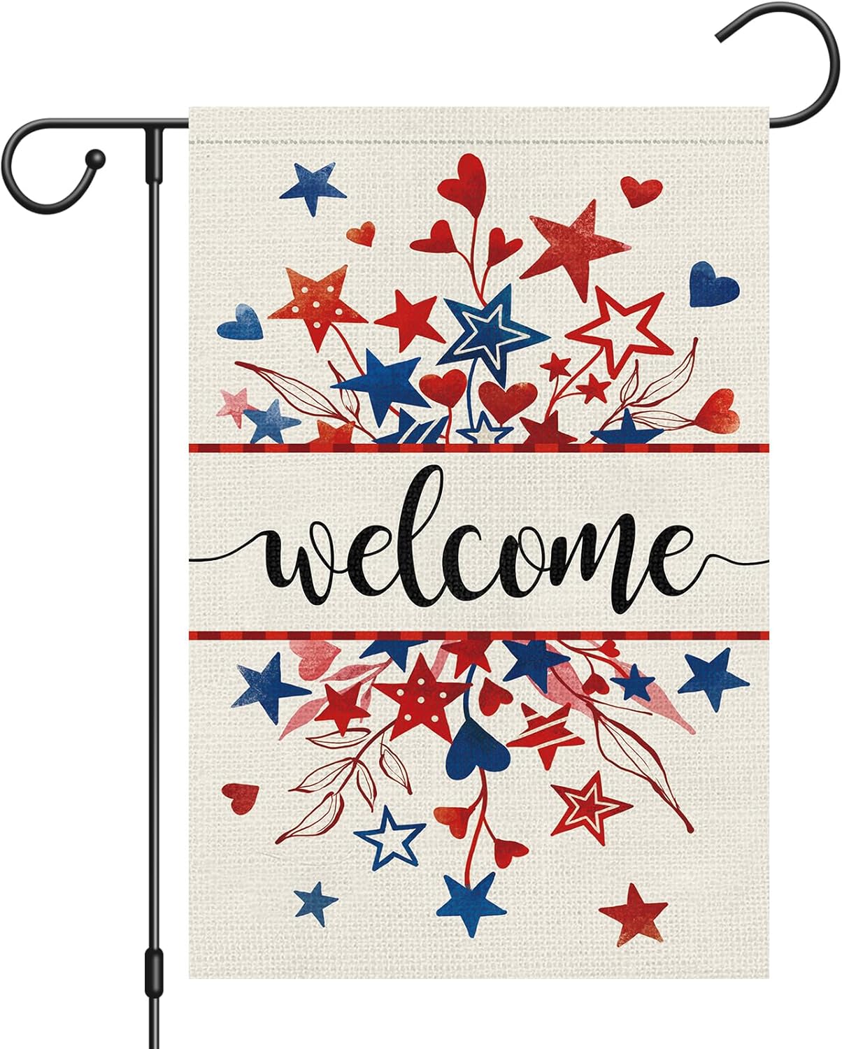 Welcome 4th of July Patriotic Garden Flag 12x18 Double Sided Burlap, Memorial Day Star Heart Pattern Yard Flags for Rustic Independence Day Outdoor Decor (ONLY FLAG)
