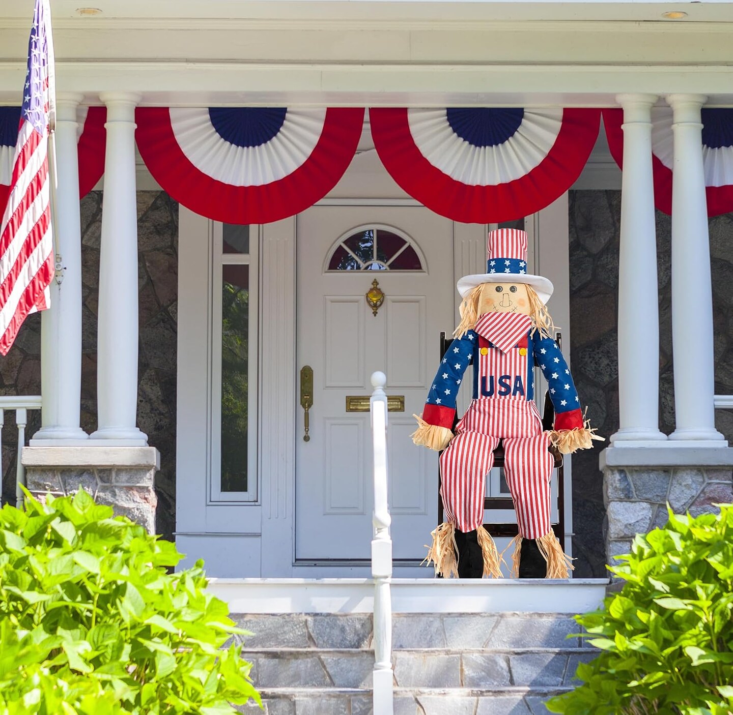 Large Independence Day Uncle Sam Scarecrow Sitter Decor, 60&#x22; Life Size Patriotic Sitting Male Boy Scarecrows Outdoor Decoration 4th of July Home Porch Yard Garden