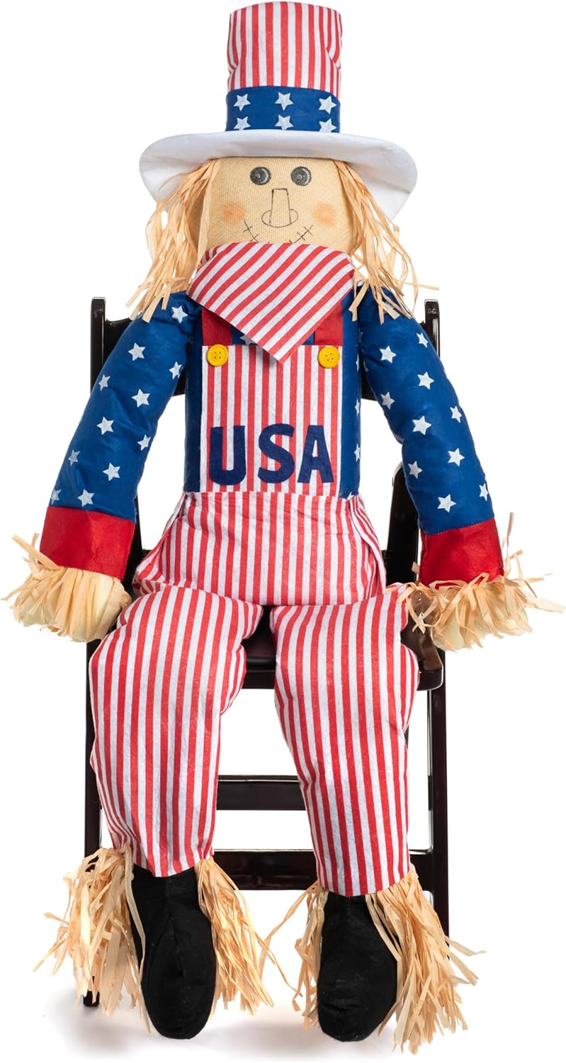 Large Independence Day Uncle Sam Scarecrow Sitter Decor, 60&#x22; Life Size Patriotic Sitting Male Boy Scarecrows Outdoor Decoration 4th of July Home Porch Yard Garden