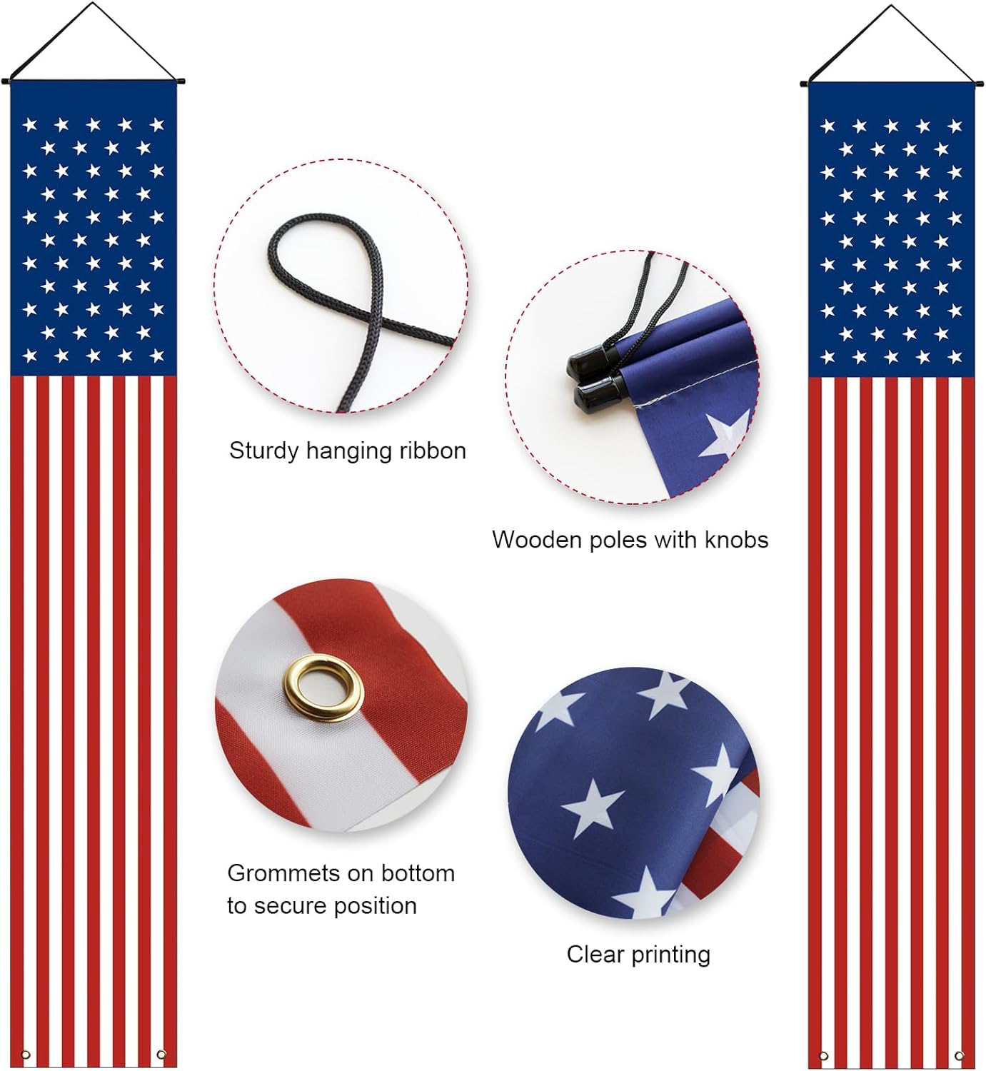 Memorial Day 4th of July Decorations, 71x13 Inch Hanging American Flag Door Banner, July Fourth Front Porch Decor for Home School Office Yard Patio Garage