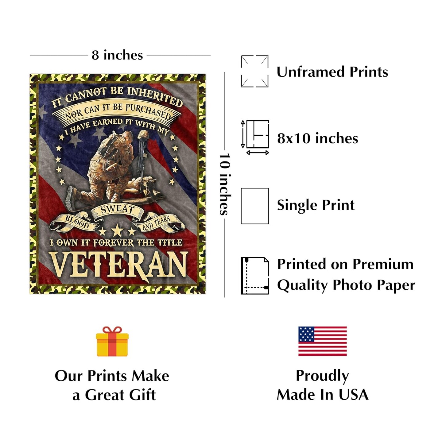 I Own It Forever - The Title Veteran Military Wall Art, Patriotic USA Flag Military Wall Decor, Patriotic Wall Art Print, Home Decor, Garage Decor (Unframed, 8 x 10 inches)