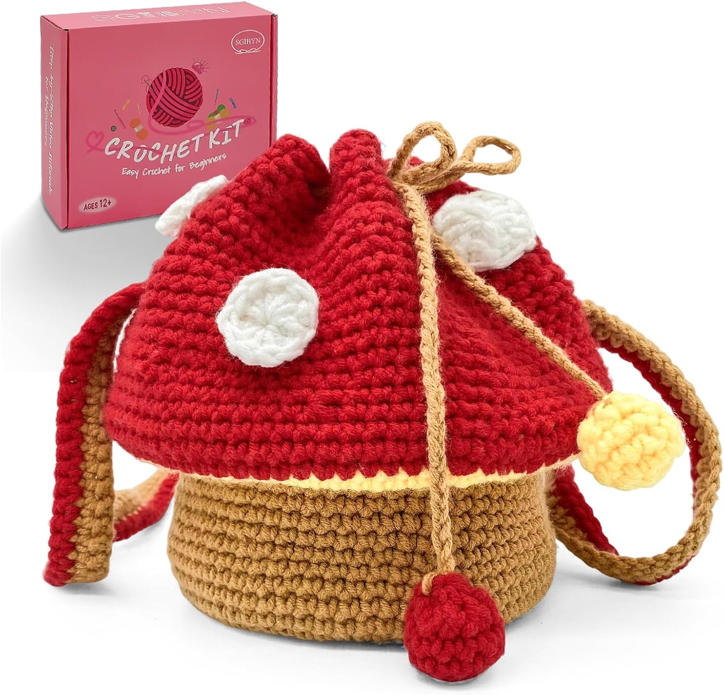 Beginner Crochet Kit with Step-by-Step Video Tutorials – Cute Mushroom Crossbody Purse, Starter Crochet & Knitting Set for Women
