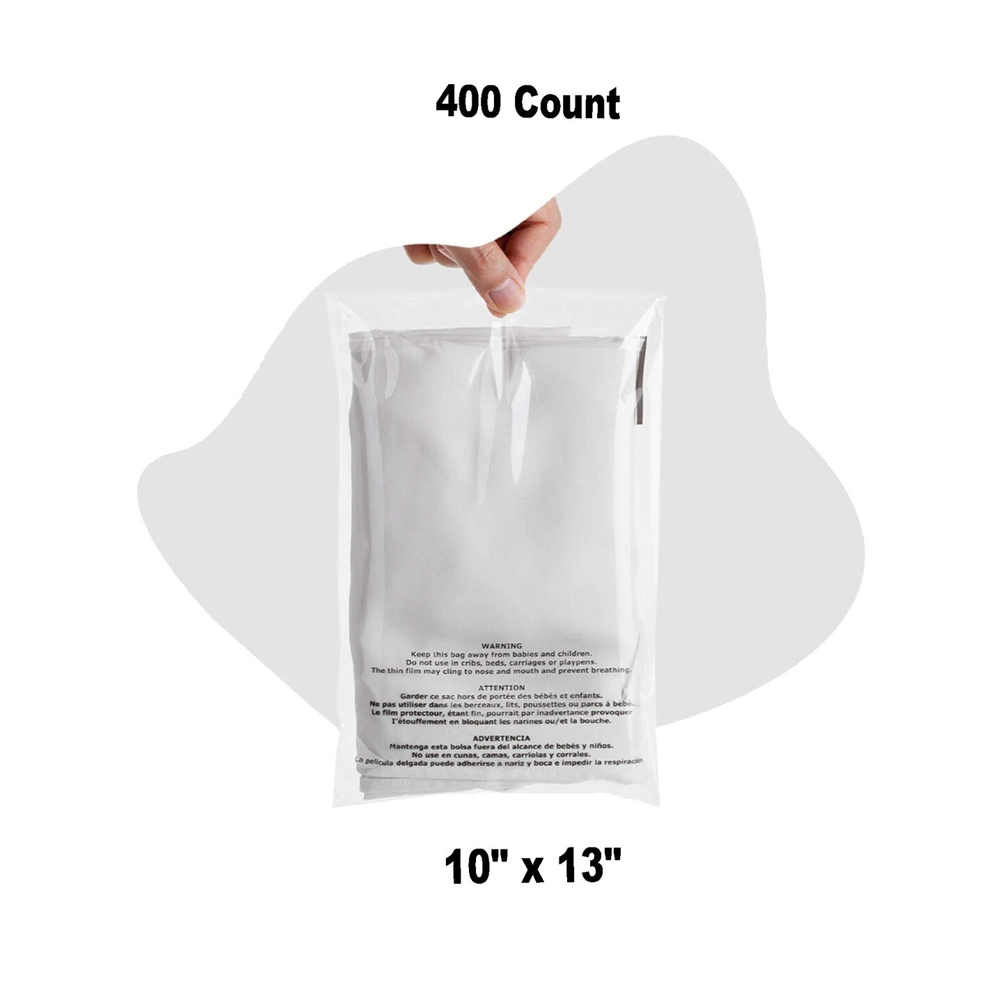 400 Count Resealable Clear Poly Bags with Suffocation Warning Self-Seal Cellophane Packaging 10" x 13"