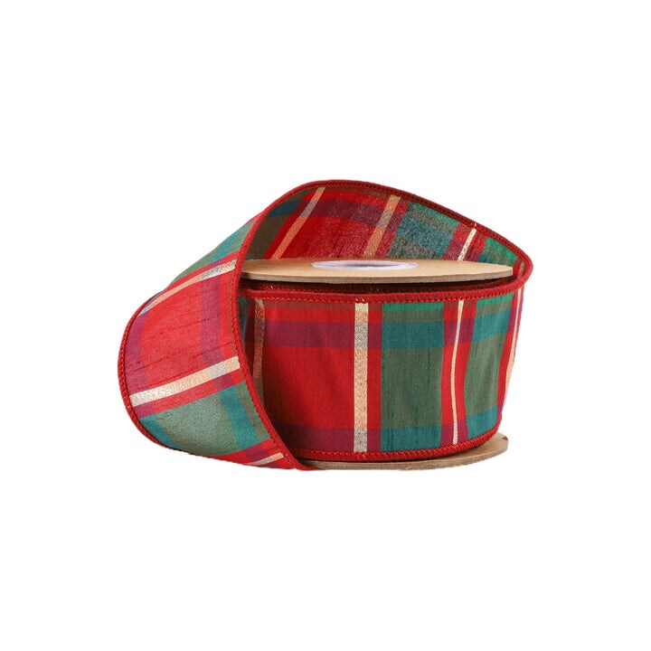LaRibbons 4&#x22; - 2 1/2&#x22; Wired Dupioni Ribbon | Red/Green/Gold Plaid Check | 10 Yard Roll