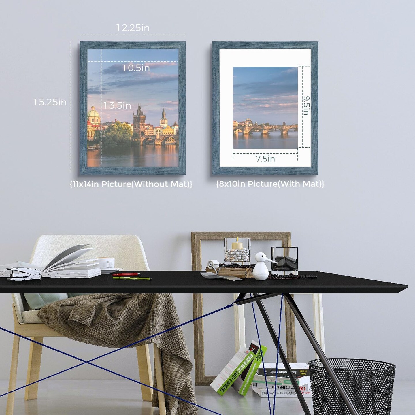 11x14 Frames Display 8x10 Picture with Mat or 11x14 Photo Without Mat, Shatter-Resistant Glass, Pre-Installed Wall Mounting Hardware - Blue