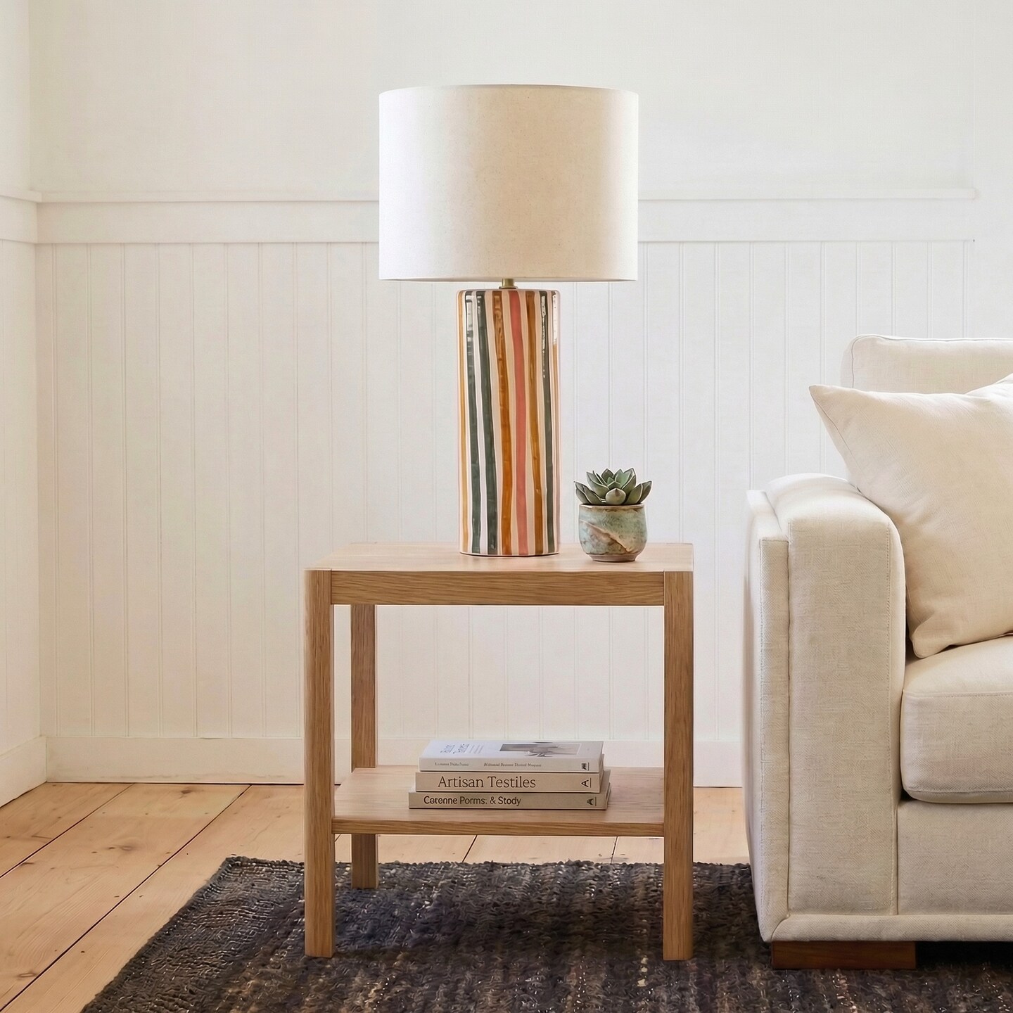 Hello Honey Multicolor Stripe Stoneware Table Lamp with Linen Shade