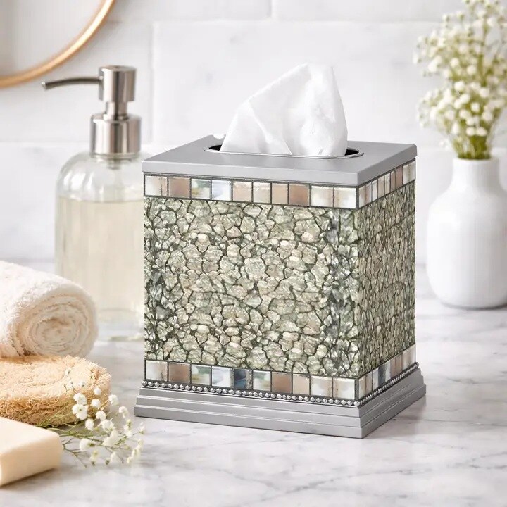 Stainless Steel Tissue Box Cover | Decorative Facial Tissue Box Holder with Glass Mosaic Ice Finish | Bathroom Vanity, Bedroom Dresser & Countertop