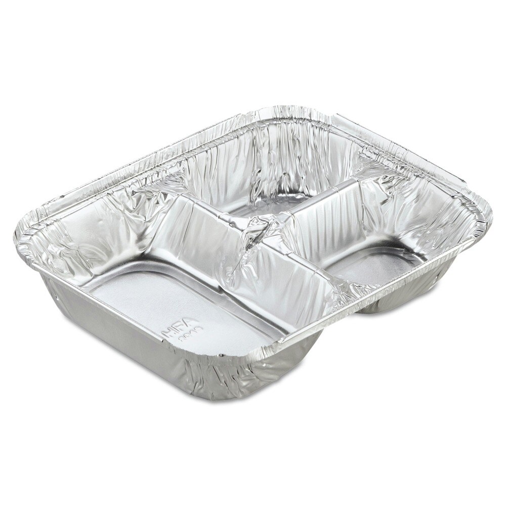 Handi-Foil 8.5 in. x 6.38 in. x 1.47 in. 24 oz. 3-Compartment Aluminum Oblong Container with Lid - Silver (250/Carton)