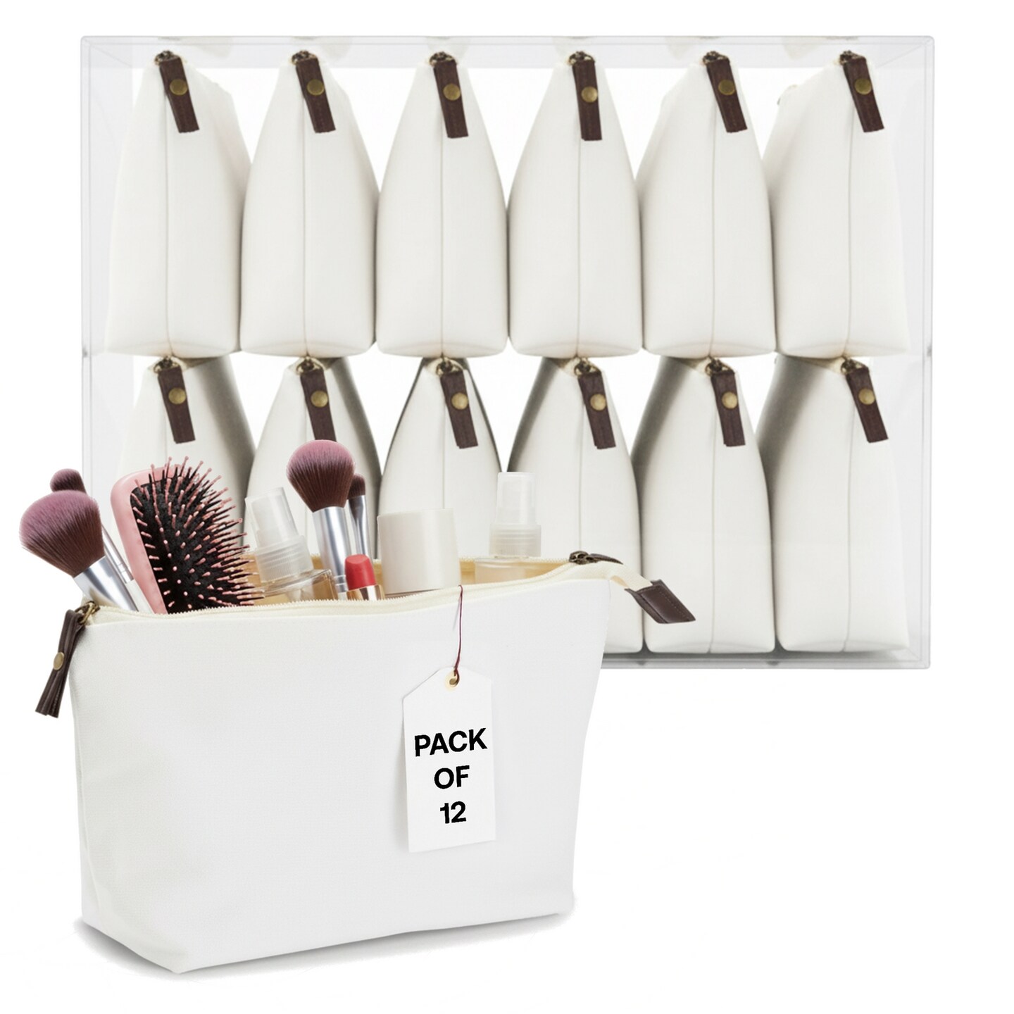 12 Pack Canvas Makeup Bags with Zipper - Cotton Cosmetic Bags for Toiletries, DIY Crafts, Travel (White, 11.75 x 5.5")