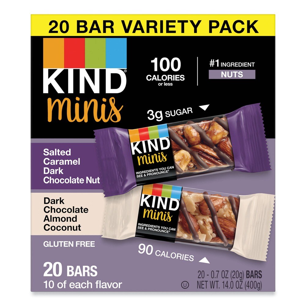 KIND 0.7 oz. Minis - Salted Caramel and Dark Chocolate Nut/Dark Chocolate Almond and Coconut (20/Pack)