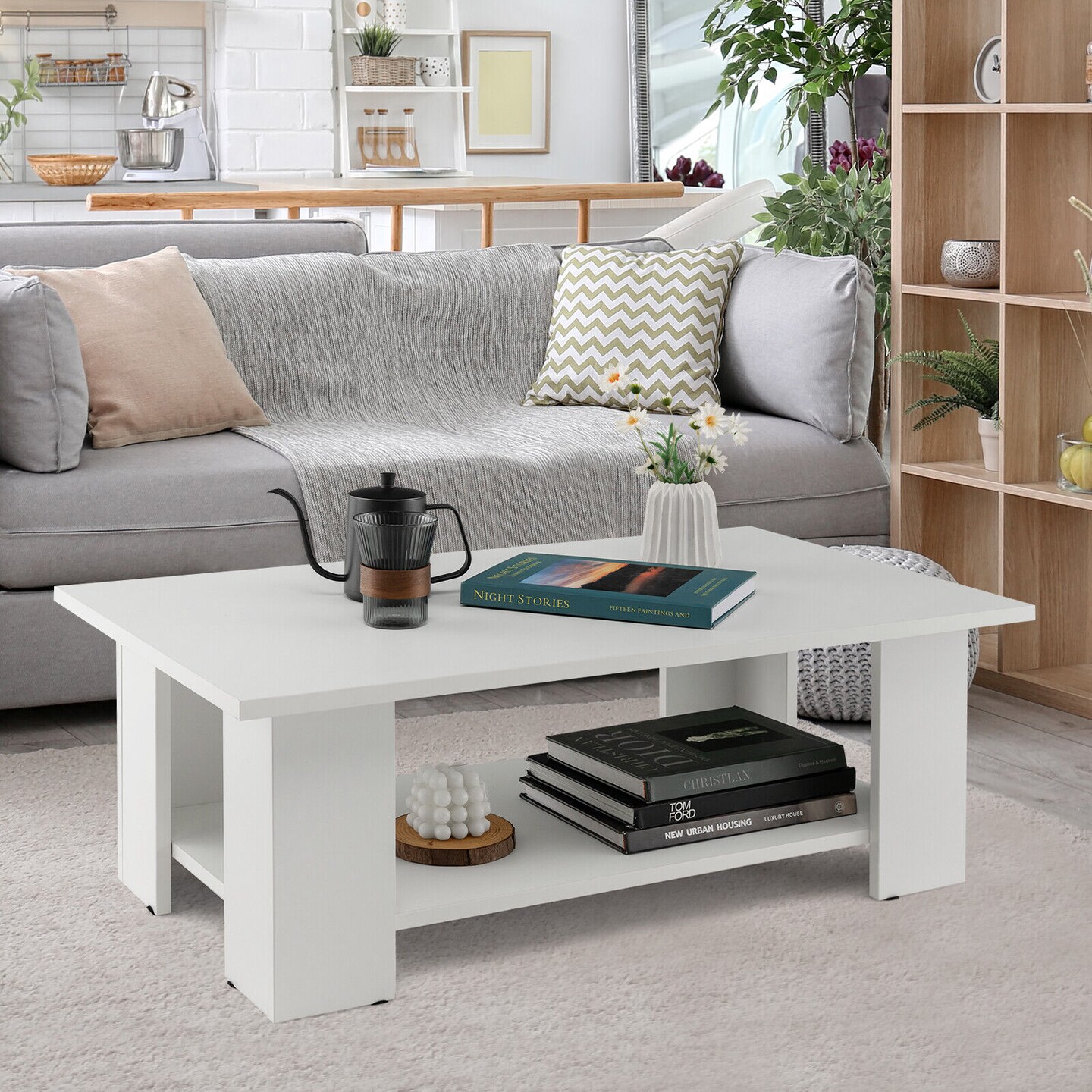 White Engineered Wood Coffee Table with Two-Tier Storage Shelf