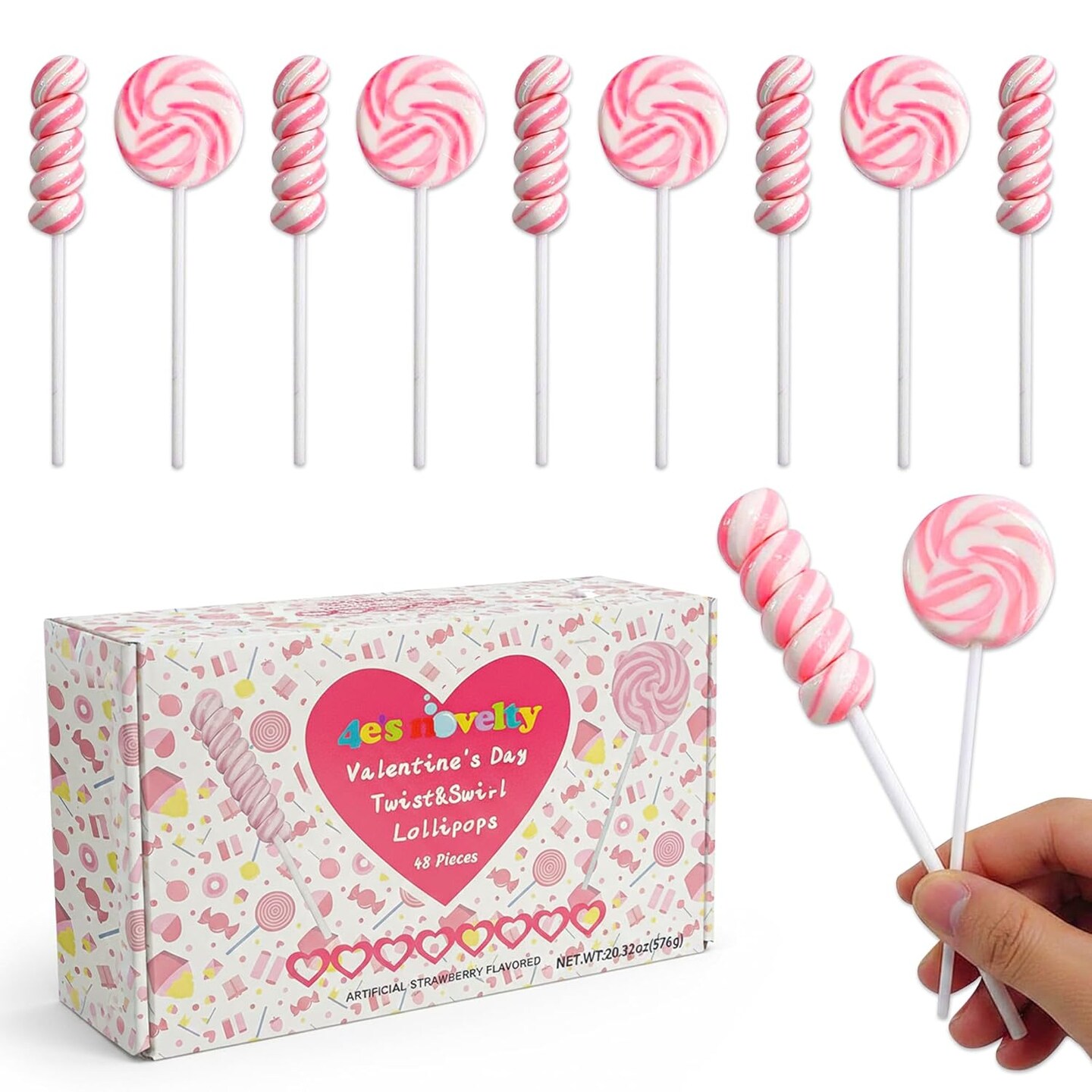 4E's Novelty Pink Swirl and Twist Lollipop (48 Pack) - Pink Swirl Lollipops Individually Wrapped Valentines Candy Bulk for Kids Classroom Exchange, Fun and Sweet Twist Lollipops Bulk Party Favors