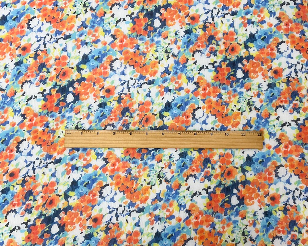 Orange-Multi Poly Floral Print Crinkle Yoryu Chiffon Woven Fabric By the Yard