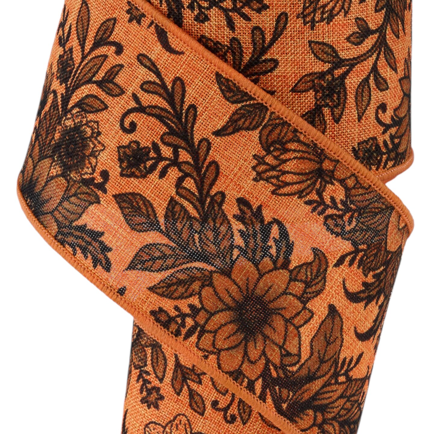 Brilliance 2.5" Chinoiserie Florals Wired Ribbon 30' - Orange, Black - For Flower Pattern Bows, Wreaths, Gift Wrap, Crafts and Decorations