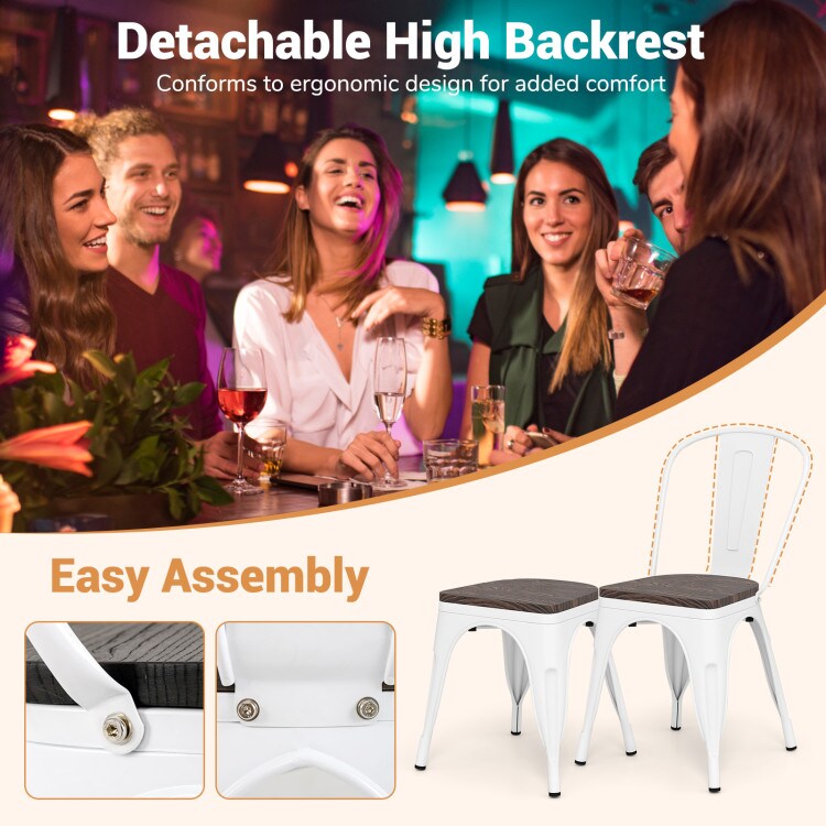 Set of 4 Metal Dining Chairs with Wood Seat and Detachable High Back