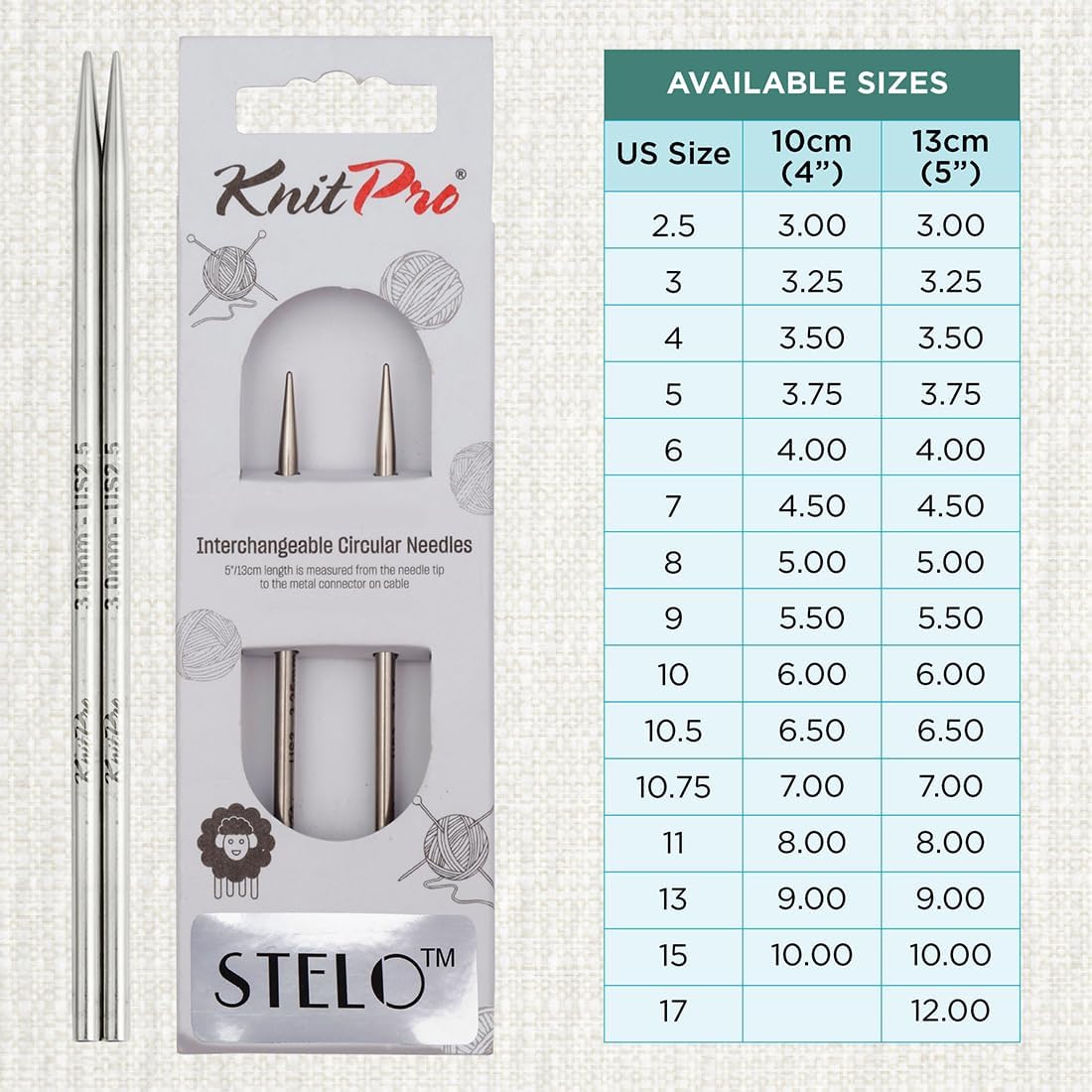 KnitPro Stelo Interchangeable Circular Knitting Needles 5" (13cm) Size 2.5 - 17