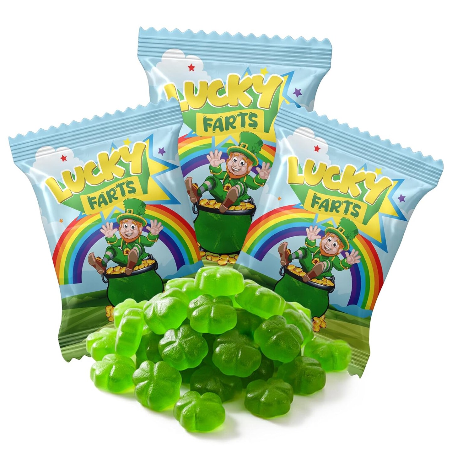 4E's Novelty St. Patrick's Day Lucky Farts Shamrock Gummies - 30 Individually Wrapped Bags (5 Pieces Each) Hilarious Green Gummy Candy for Party Favors, Fun St Patty's Day Treats & Kids Snacks