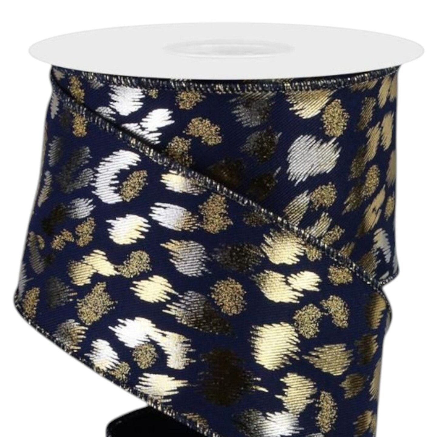 RG Ribbon: 2.5" Navy Blue Wired Leopard Print Ribbon with Glitter and Metallic Spots for Christmas and Valentine's Day Trees, Wreaths, Gifts, Crafts, Bows