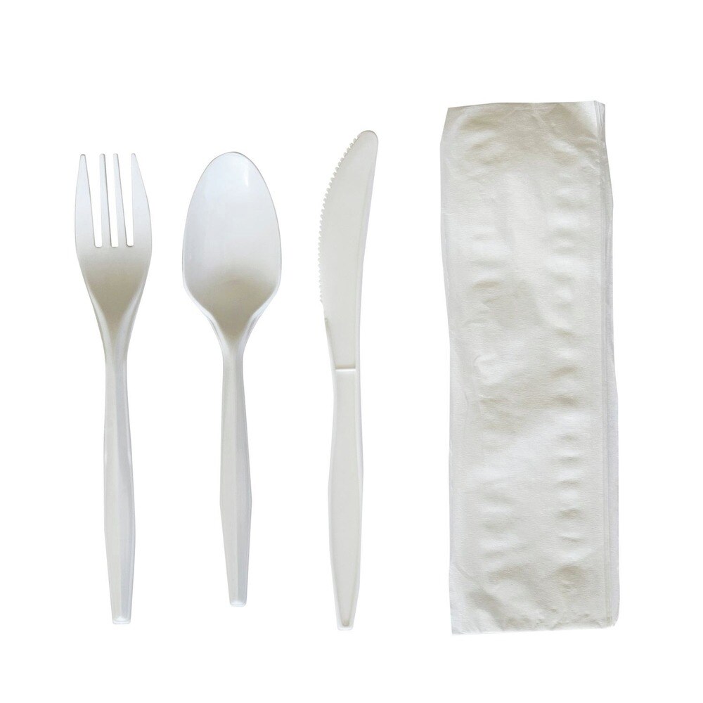 Boardwalk 4-Piece Mediumweight Polypropylene Plastic Fork/Knife/Napkin/Spoon Cutlery Kit - White (250/Carton)