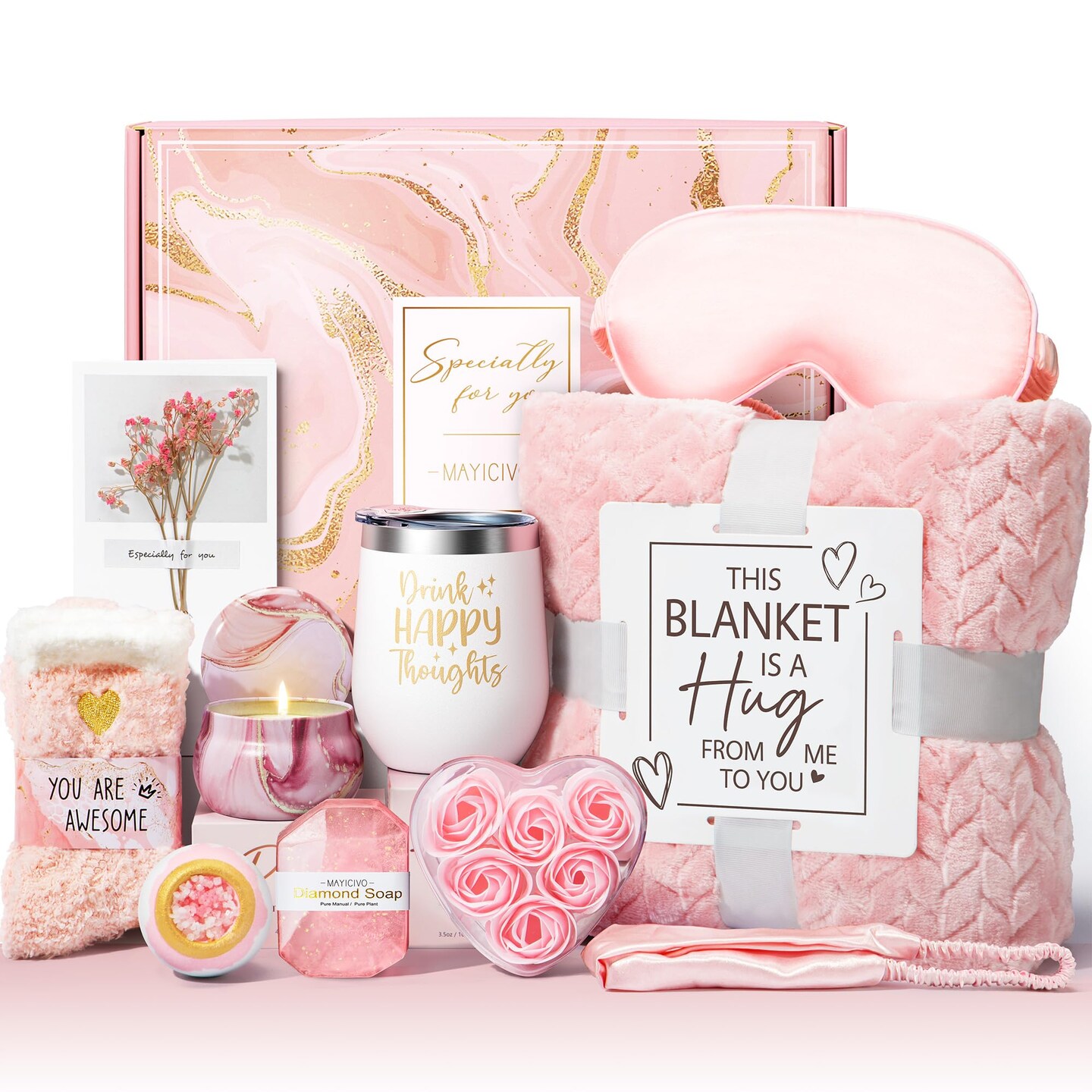 Gifts for Mom, Woman, Wife Self Care Get Well Soon Gift Baskets, Rose Relaxing Spa Gift Basket Care Package w/ Luxury Flannel Blanket, Unique Valentines Day Gifts for Mom Her Friend Sister Wife Grandma