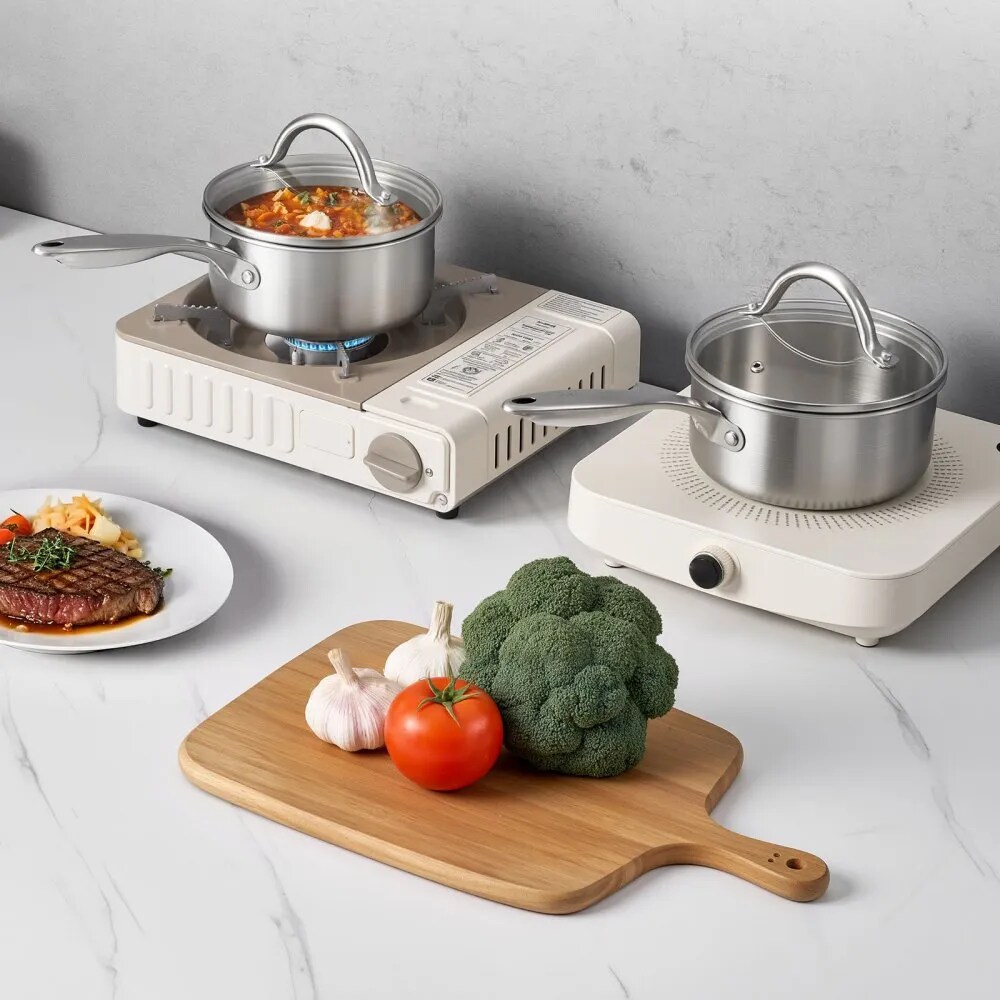 1.5QT Silver Saucepan with Glass Lid and Tri-Ply Aluminum Core Induction and Gas Stove Safe