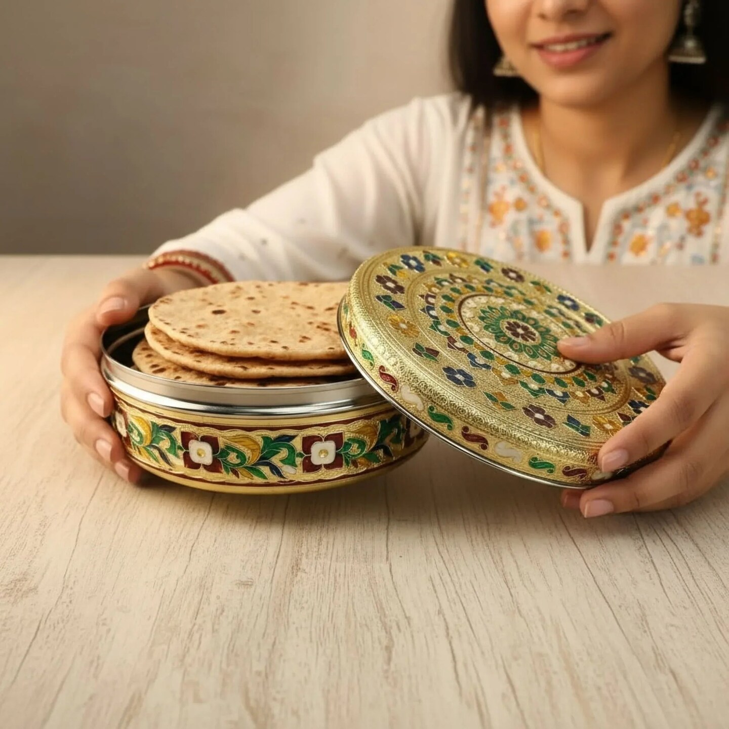 7.5 Inches Decorative Roti Papad Box Stainless Steel Small Sweet Storage Box Meenakari Container Laddu Box Spice Storage Unique Multipurpose Box Gift for Guest