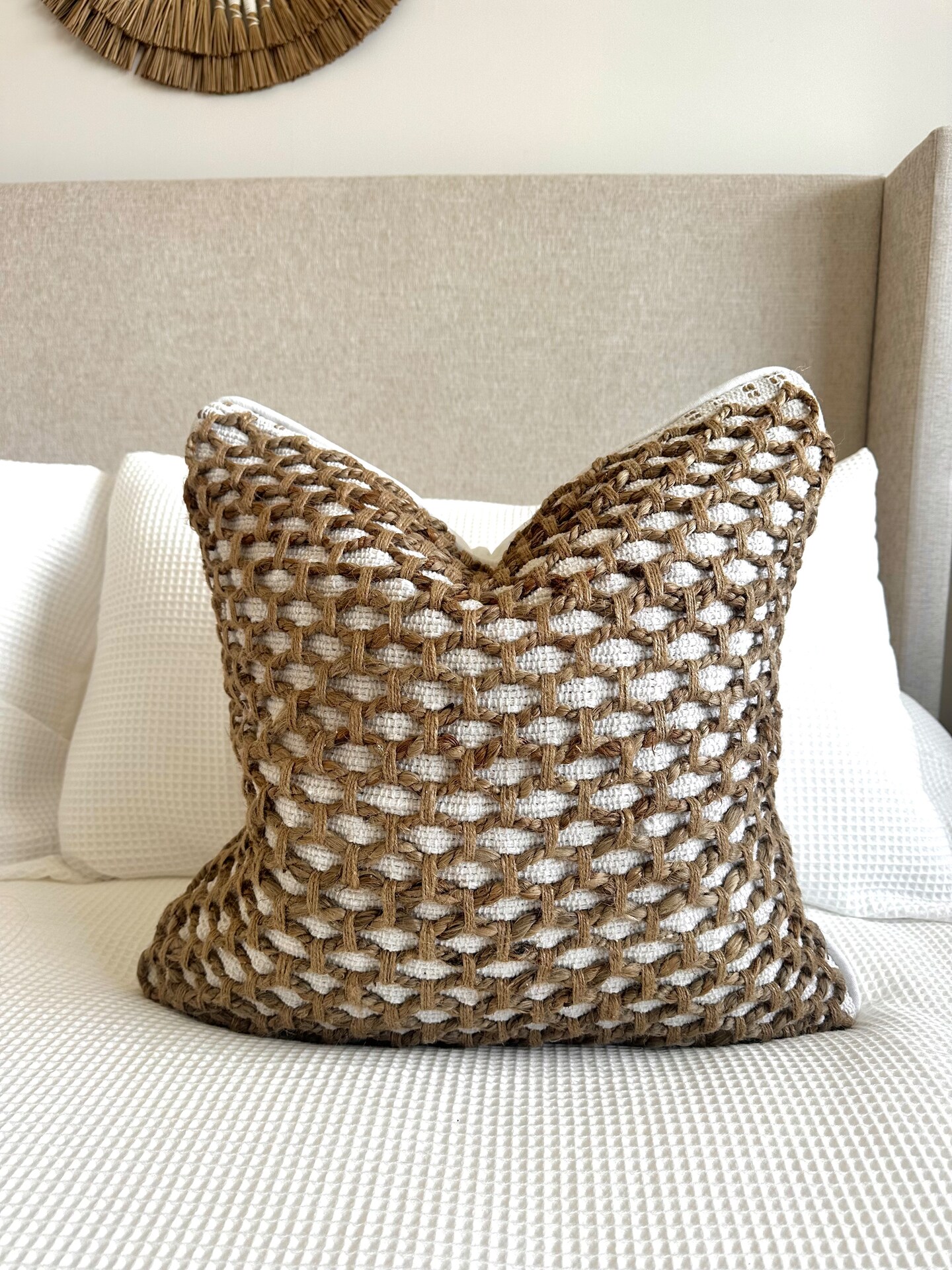 Neutral Braided Jute Pillow Cover, 20" Square – Textured Boho Accent