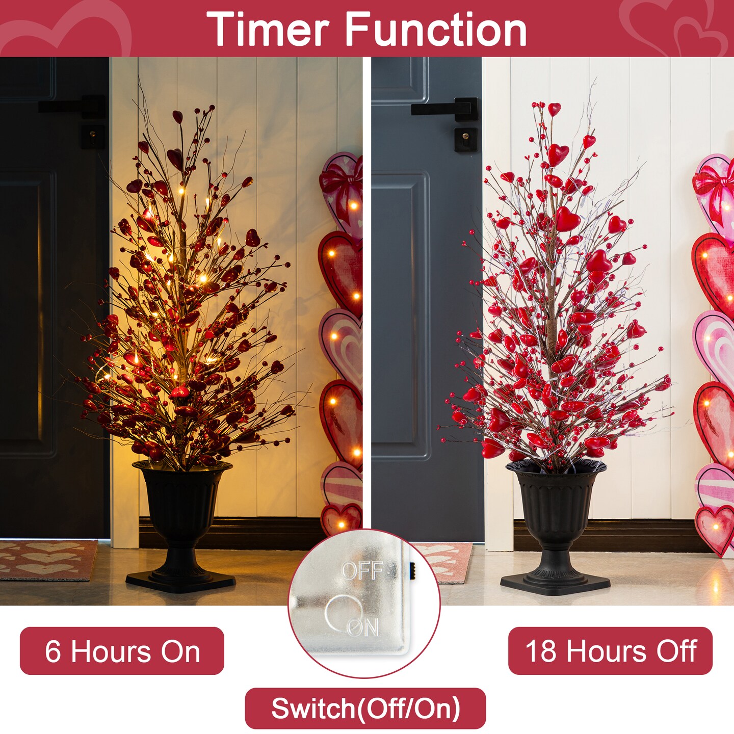 Set of 2 36"H Valentine's Lighted Red Berry Heart Urn Porch Tree,w/Timer