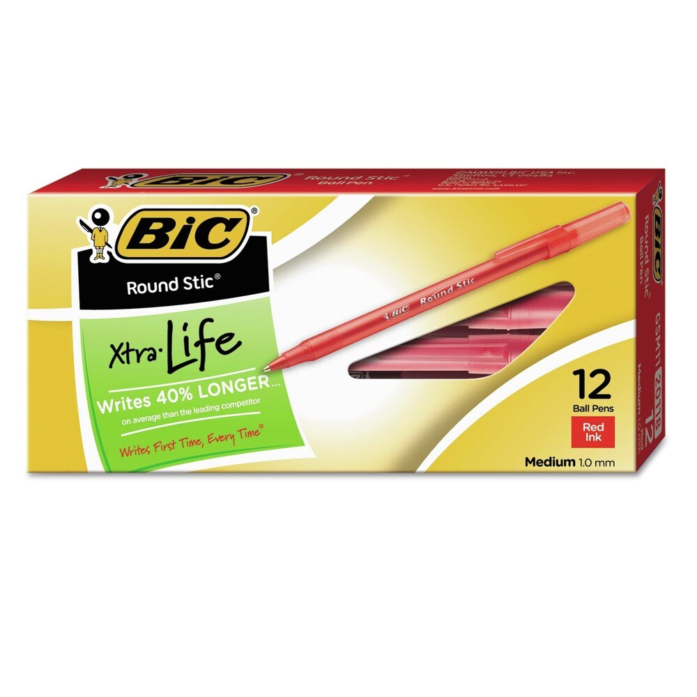 BIC Round Stic Xtra Life Medium 1 mm. Stick Ballpoint Pen - Red Ink/Translucent Red Barrel (1-Dozen)