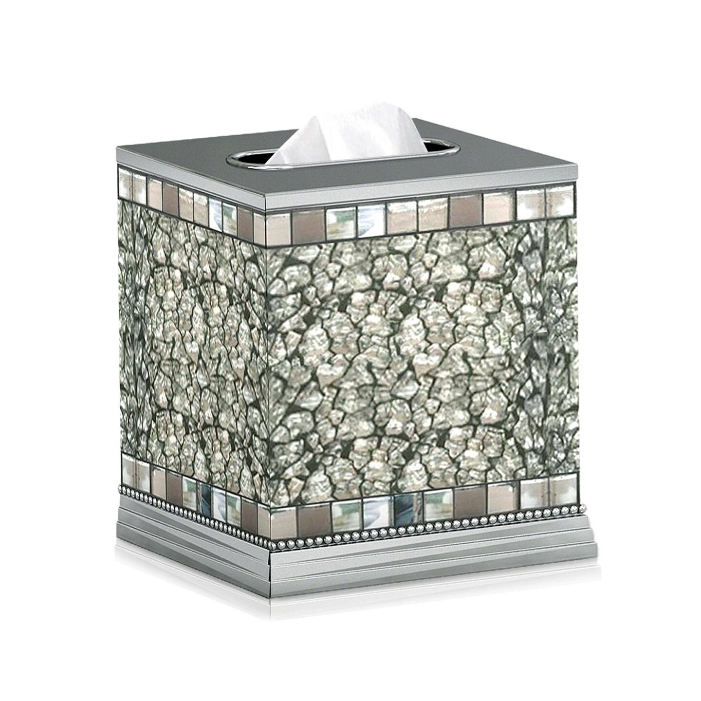 Stainless Steel Tissue Box Cover | Decorative Facial Tissue Box Holder with Glass Mosaic Ice Finish | Bathroom Vanity, Bedroom Dresser & Countertop