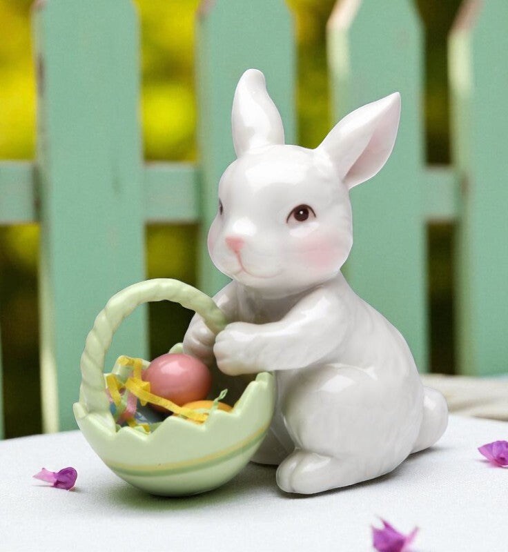 Ceramic Bunny Rabbit With Easter Egg Basket Figurine, Home Décor, Gift for Her, Gift for Mom, Kitchen Décor, Spring Décor, Easter Décor