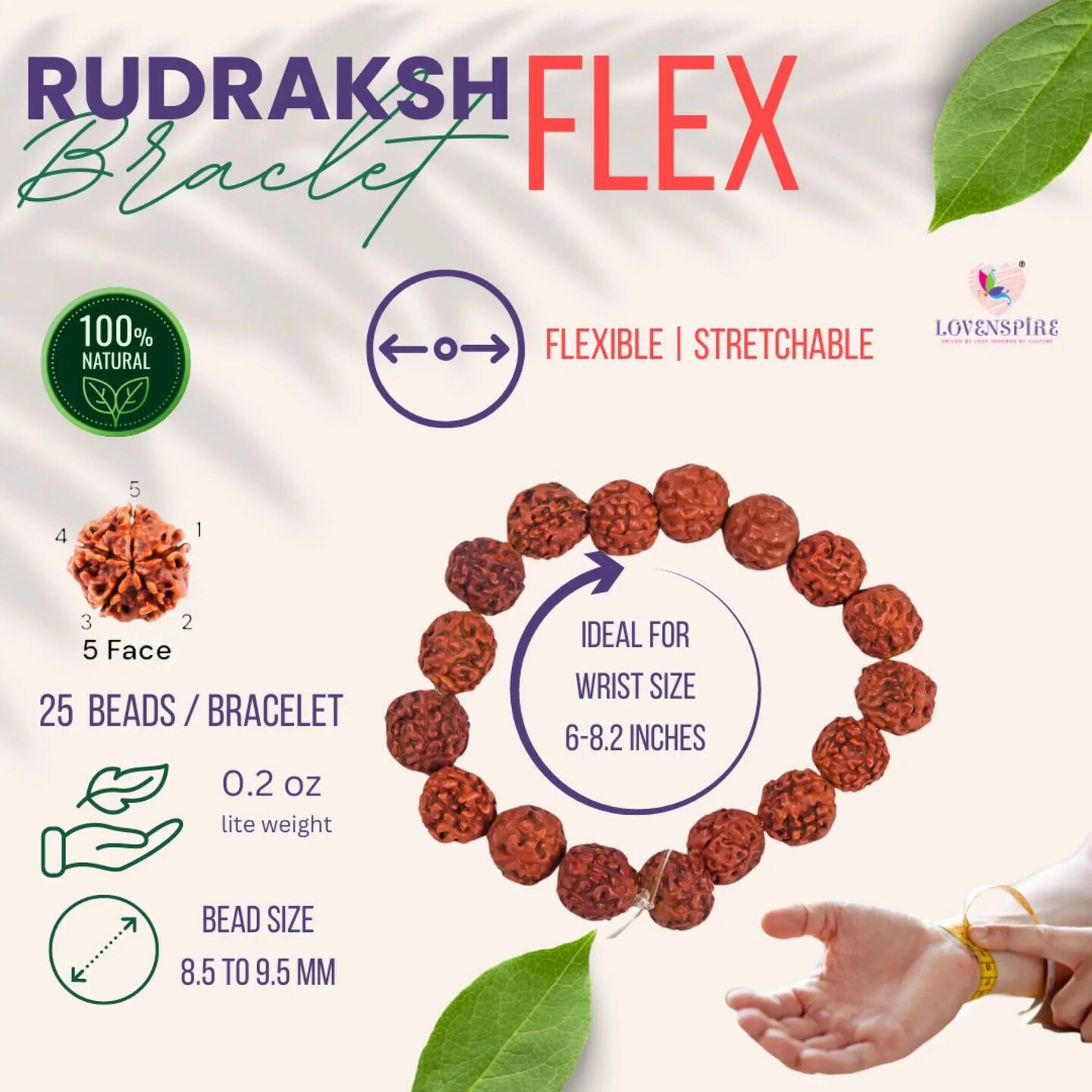 5 Mukhi Rudraksha Bracelet Suitable for Yoga, Meditation 5 Face Nepali Panchmukhi Rudraksh Natural Healing Round Bead Stretchable Elastic Bracelet Daily Fashion Wear Men (8.5 Mm)