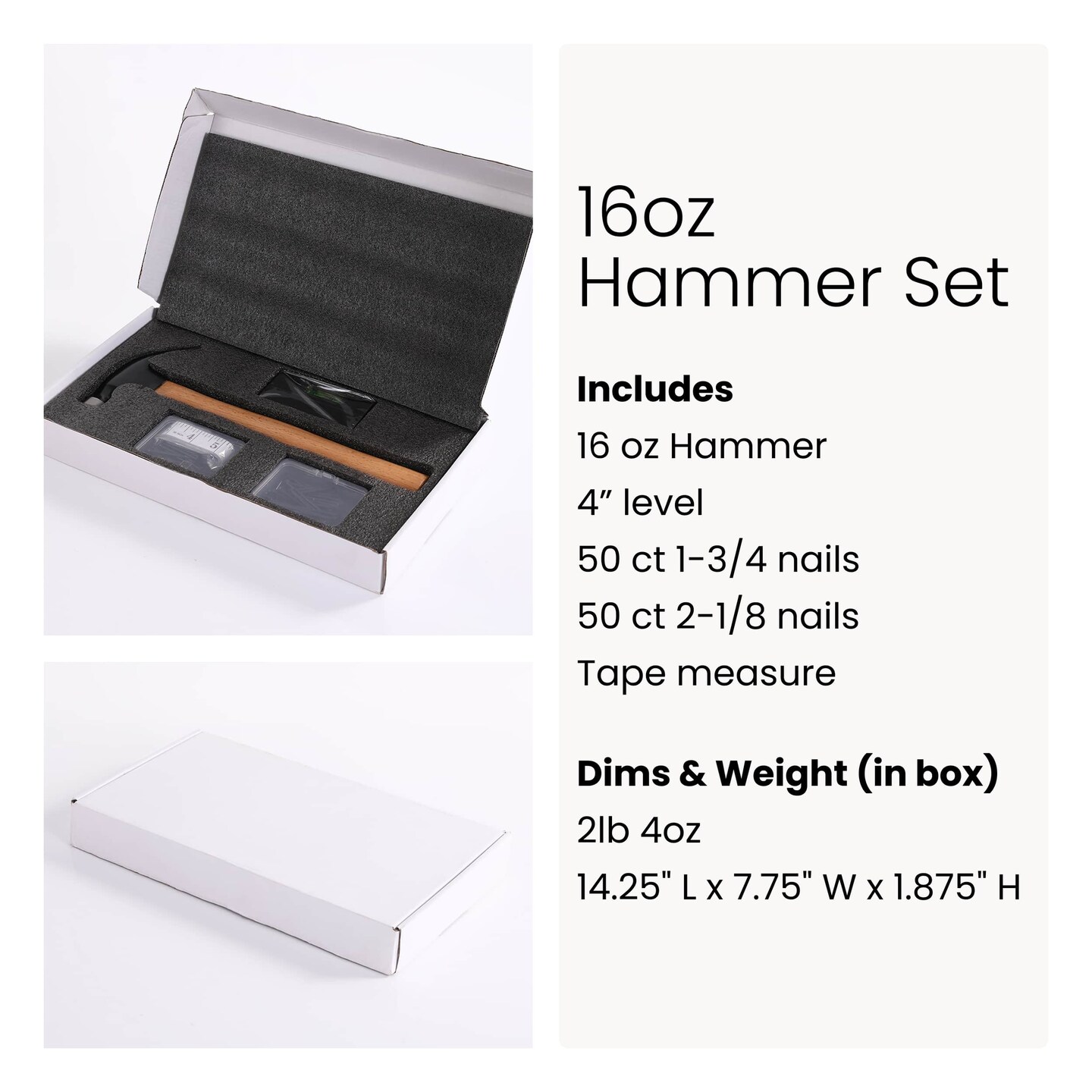 MakerFlo 16oz Wood Hammer DIY Gift Set with Nails, Level & Tape Measure – Magnetic Head Hammer with Beech Wood Handle, Laser Engraving Ready