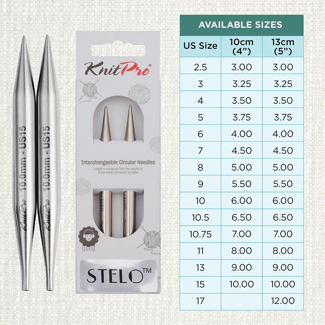 KnitPro Stelo Interchangeable Circular Knitting Needles 5" (13cm) Size 2.5 - 17
