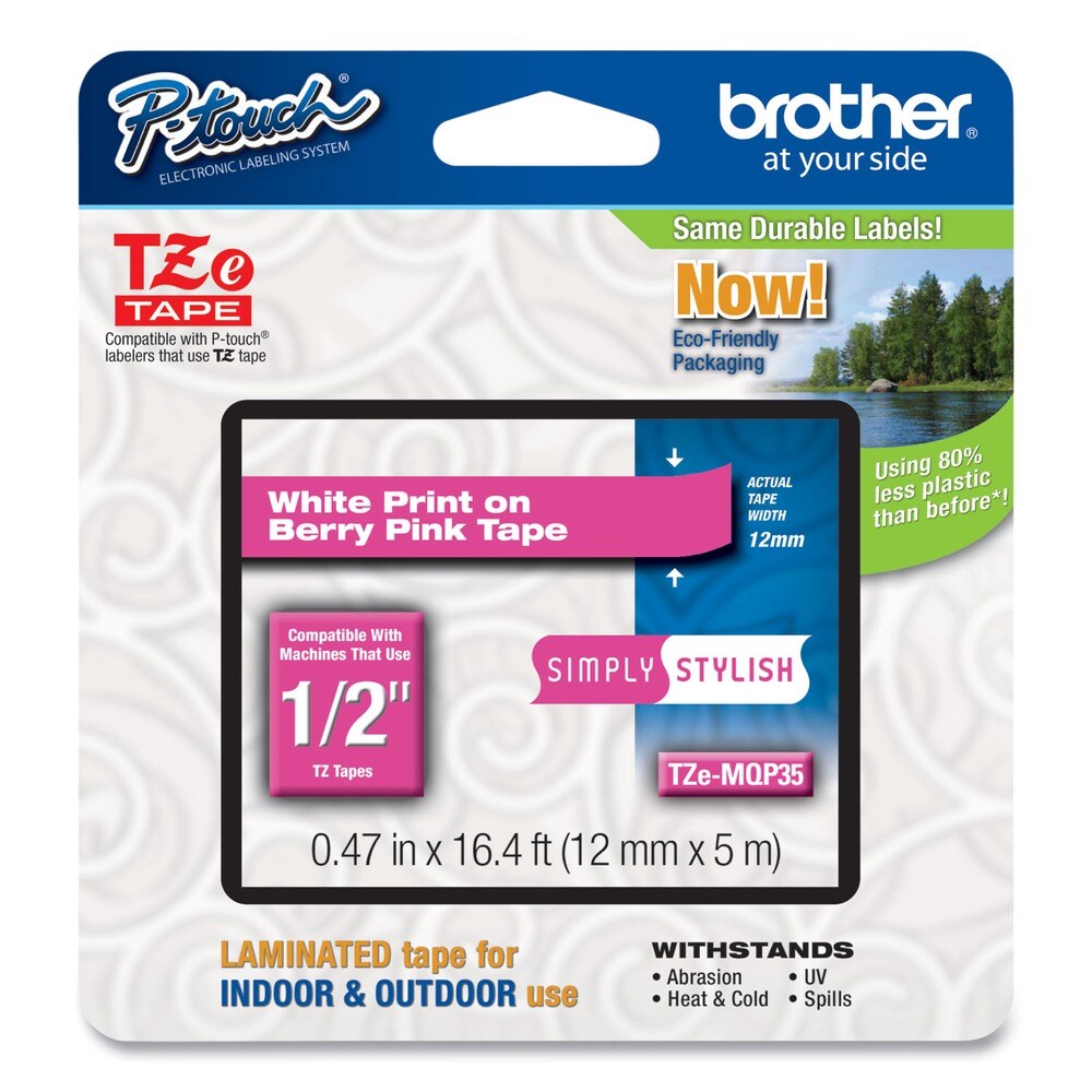 Brother P-Touch 0.47 in. x 16.4 ft. Standard Adhesive Laminated Labeling Tape - White/Berry Pink