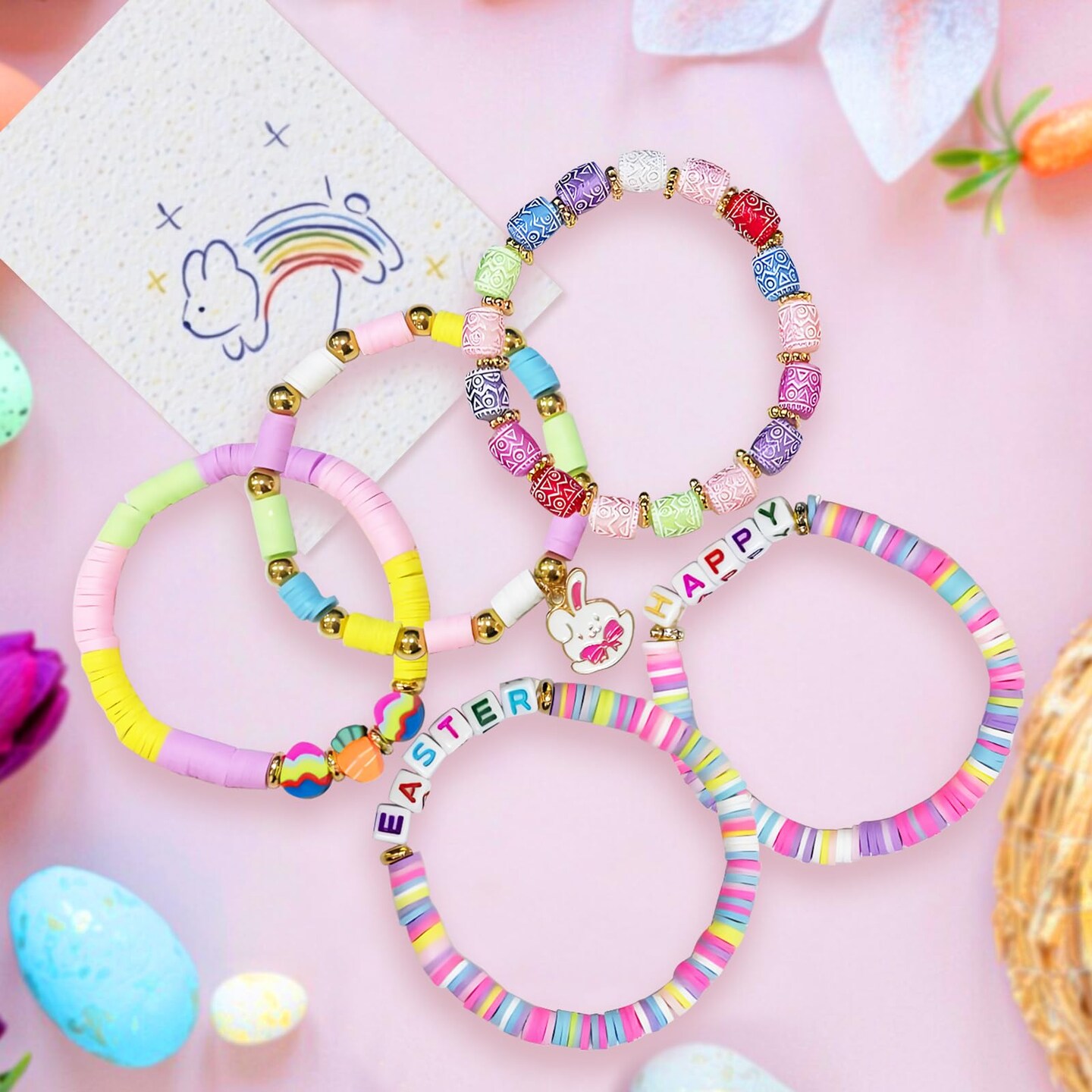 5Pcs Easter Bracelets Heishi Polymer Clay Elastic Holiday Bracelets Man Woman Party Bracelet (2501)
