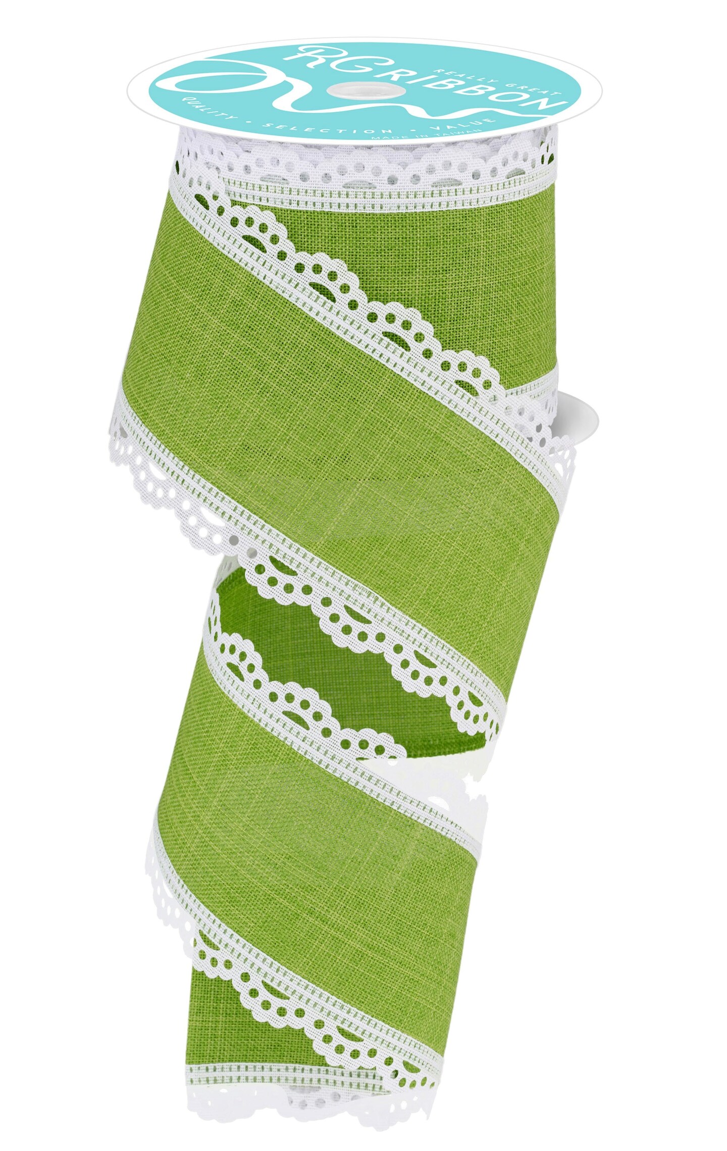 RG Ribbon: 2.5" Lime Green and White Scalloped Lace Edge Ribbon for Bows, Wreaths, Crafts and Decorations