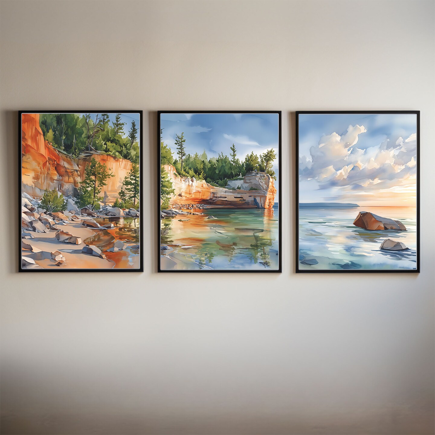 Pictured Rocks National Lakeshore Watercolor Panorama Print Lake ...
