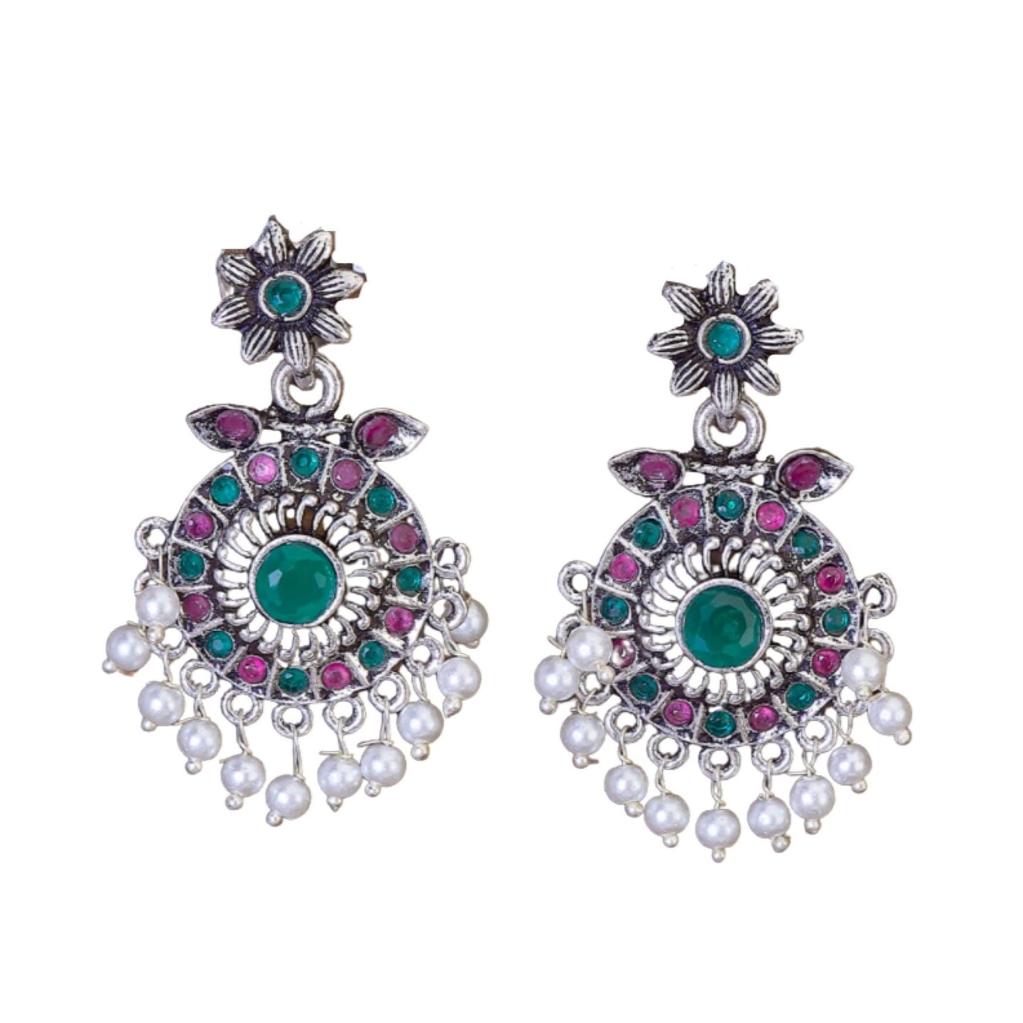 Indian Oxidized Jhumka Earrings for Women - Round Oxidized Jhumki Ethnic Chandbali Earrings Faux Pearls with Oxidized Platting Bollywood Style Dangle Earring Jewelry for Bride Gift for Her