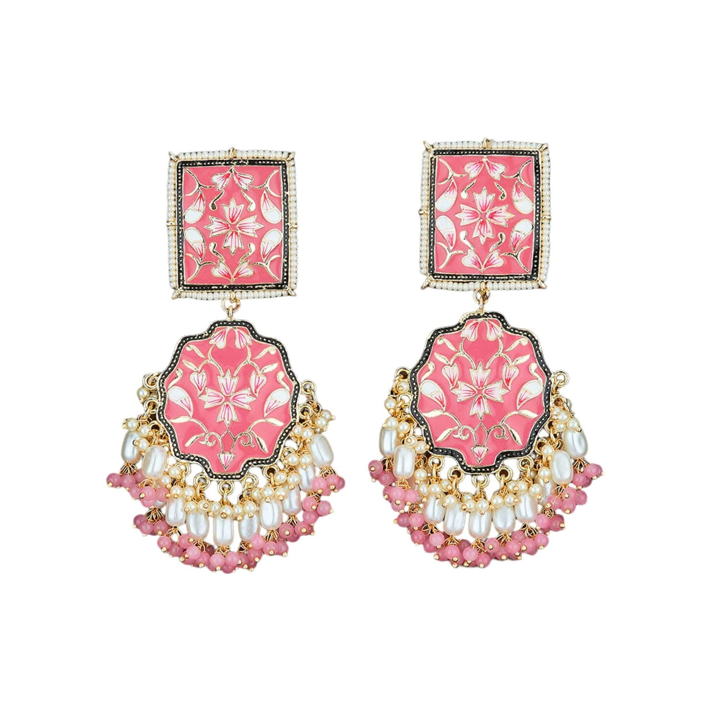 Oversized Indian Jhumka Earrings – Square Stud Jhumki, Ethnic Chandbali with Floral Print & Faux Pearls – Bollywood Dangle Jewelry for Women, Bride & Birthday Gift
