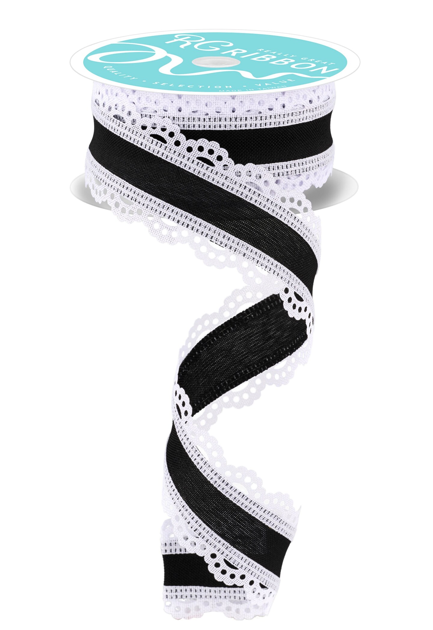 RG Ribbon: 1.5" Black and White Scalloped Lace Edge Ribbon for Bows, Wreaths, Crafts and Decorations