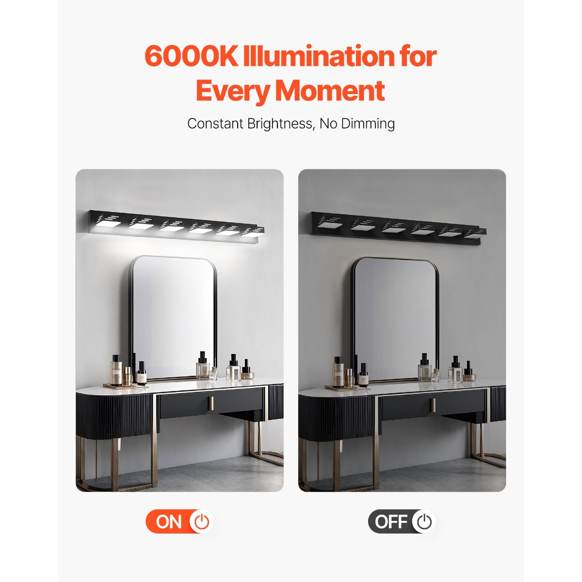6-Light Black LED Bathroom Vanity Light Fixture, 48W Modern Waterproof Wall Sconce with 360° Rotatable Heads
