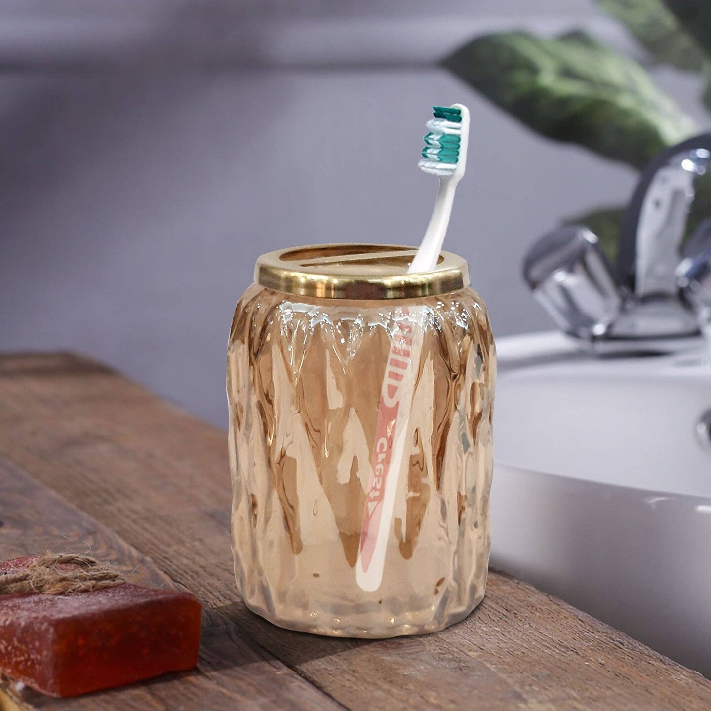 Toothbrush Holder | Compact Multi Slot Holder for Toothbrushes, Razors & Makeup Accessories | Amber Finish