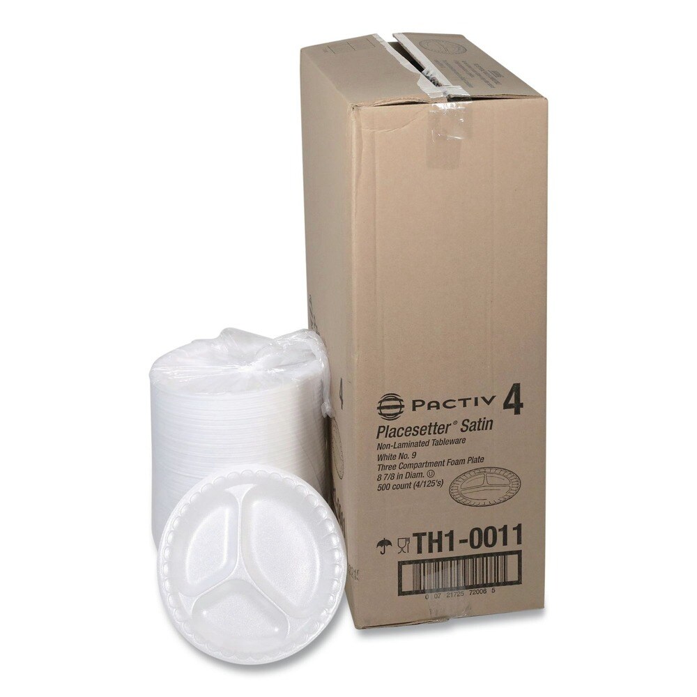 Pactiv Corp. Placesetter 9 in. Diameter 3-Compartment Plate Satin Non-Laminated Foam Dinnerware - White (500/Carton)
