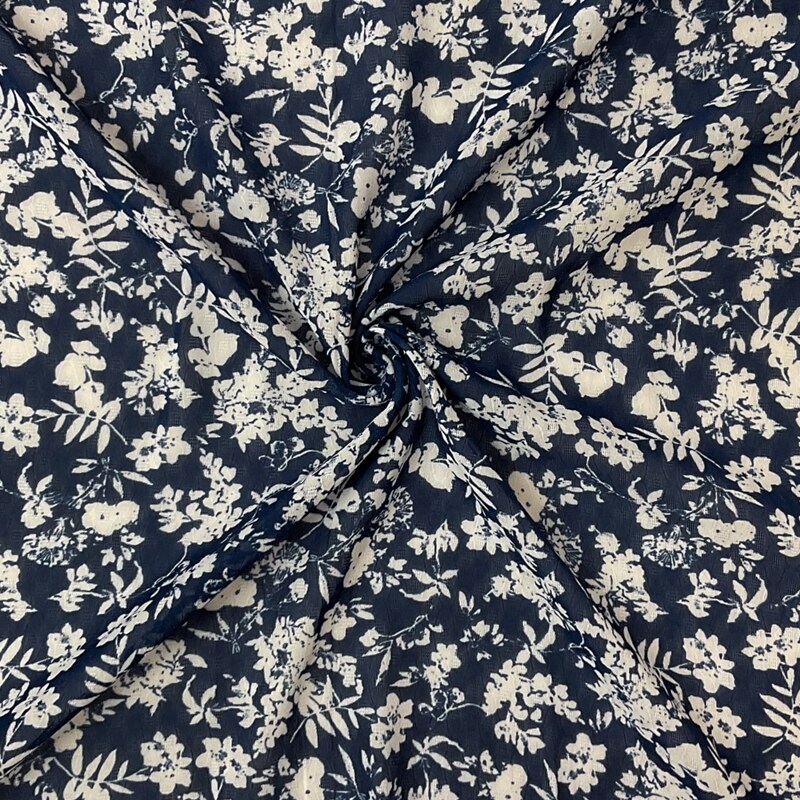Blue-White Poly Floral Printed Ogee Shape Dobby Chiffon Woven Fabric By the Yard