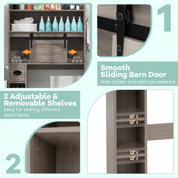 Over-the-Toilet Storage Cabinet with Sliding Barn Door and Adjustable Shelves