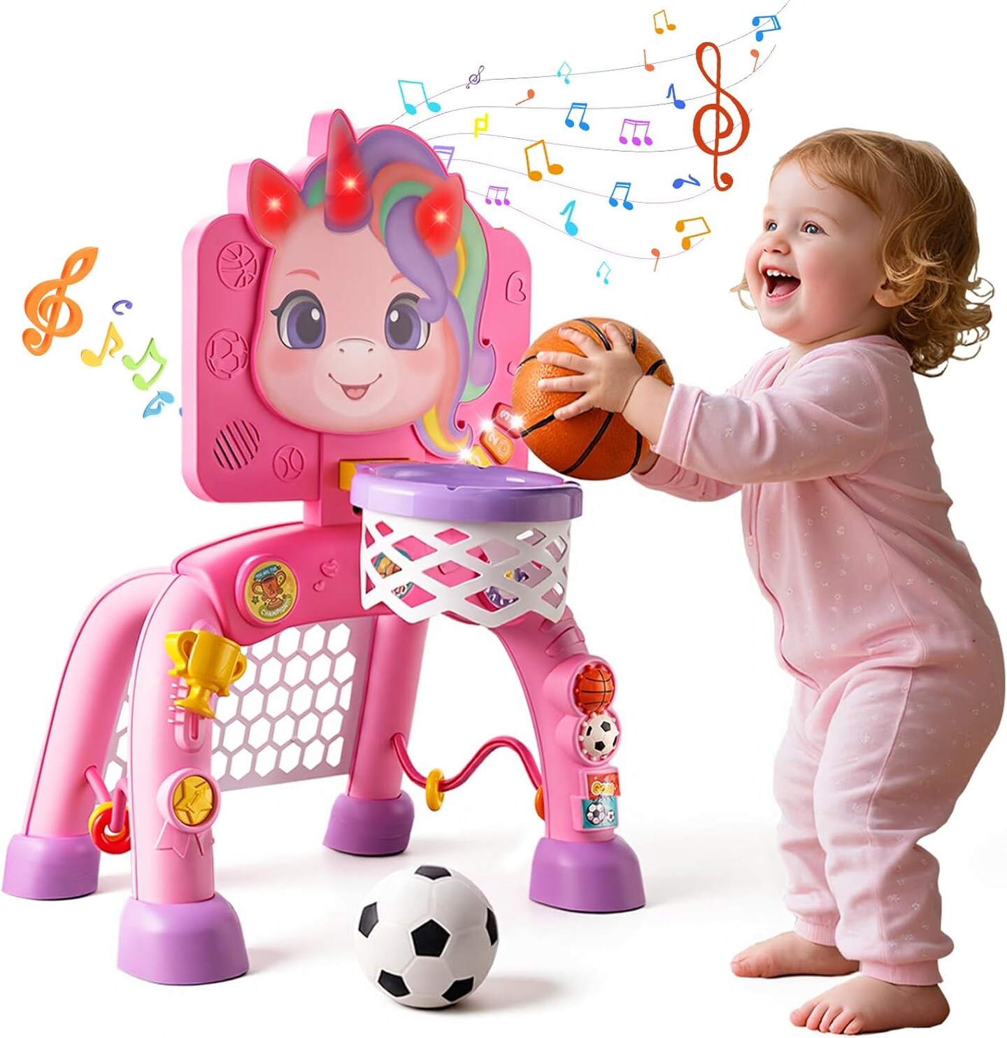 JMMICO Toddler Basketball Hoop & Soccer Goal Activity Center, Interactive Toys with Light Music,Unicorn Toddlers Musical Toys Gift, Baby Christmas Birthday Gift for 1 2 3 Year Old Boys and Girls