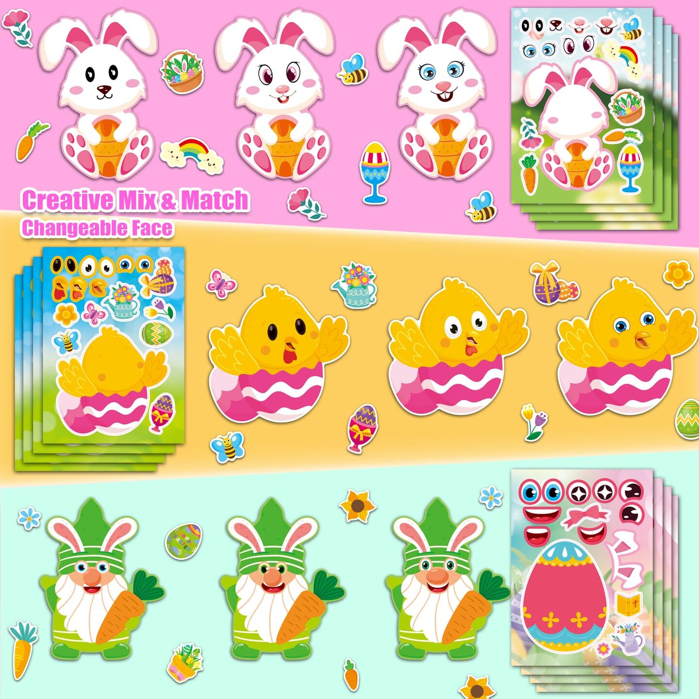 64 Sheets Easter Make a Face Stickers for Kids - 16 Cute Designs - Fun Party Favors, Crafts, Decorations & Basket Stuffers for Easter