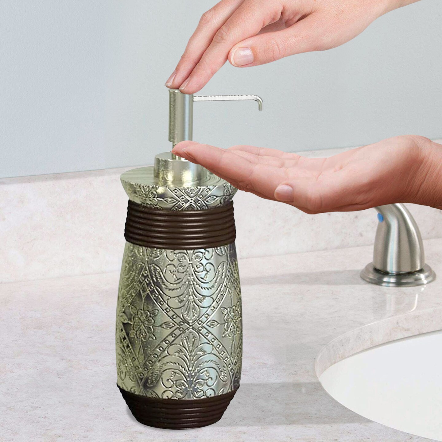 Liquid Soap Dispenser Pump Bottle | Bathroom & Kitchen | Holds Soap, Lotion & Sanitizer | Silver/Orb